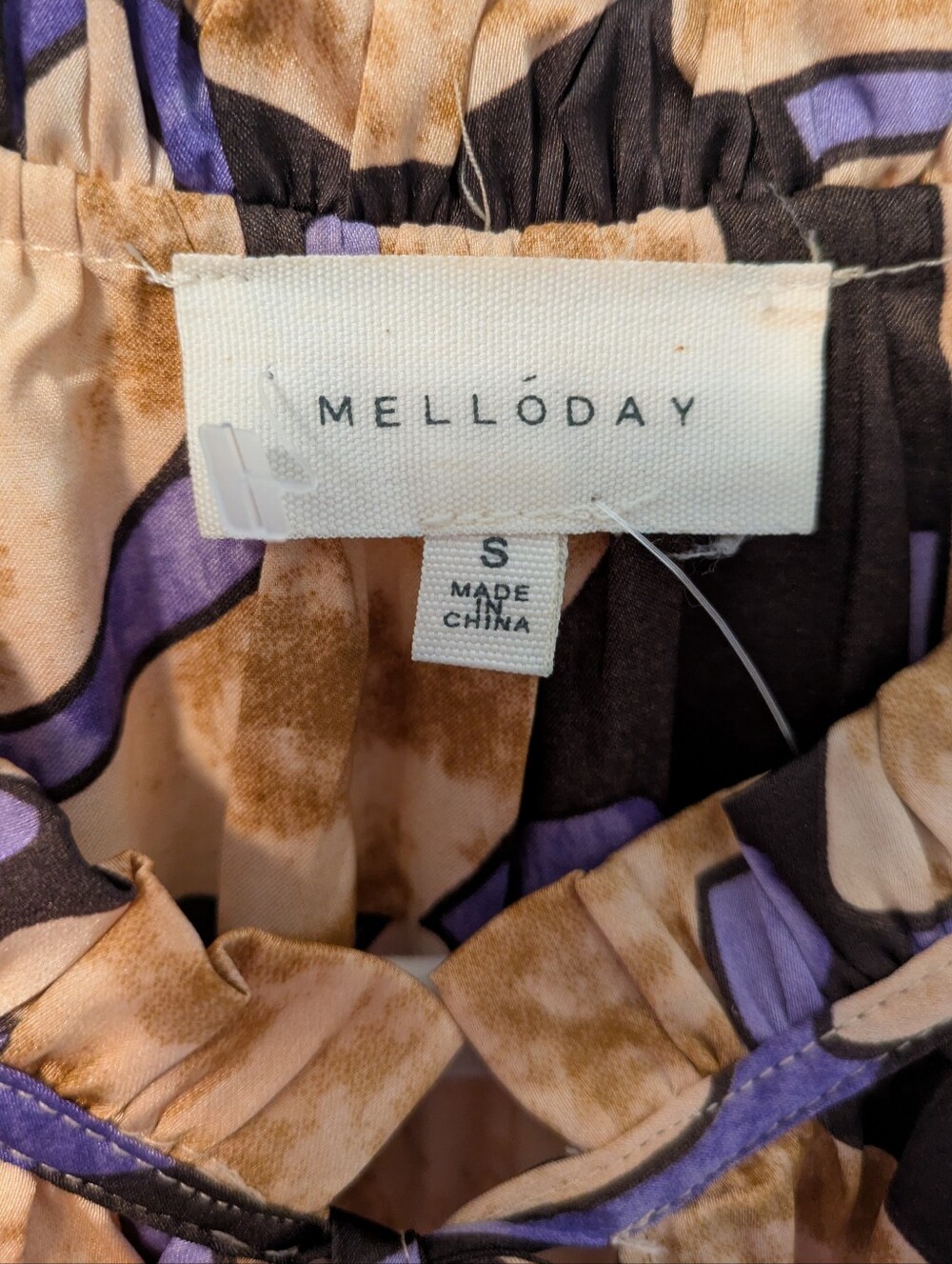 Melloday Abstract Print Tiered Midi Dress in Beige and Purple - Picture 8 of 13